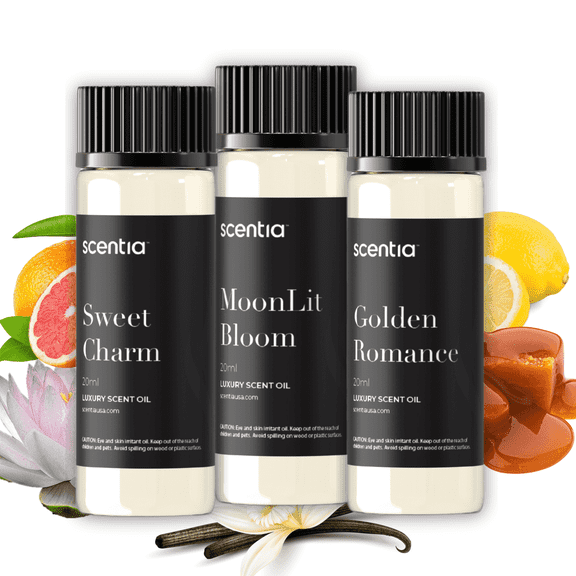 Scentia Fragrance Oil Set-Essential Oil Blend for diffuser for date night Valentine Collection, Moonlit Bloom, Sweet Charm, Golden Romance 3X20ml 0.67Fl Oz
