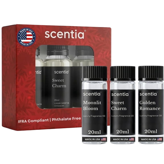 Scentia Fragrance Oil Set-Essential Oil Blend for diffuser for date night Valentine Collection, Moonlit Bloom, Sweet Charm, Golden Romance 3X20ml 0.67Fl Oz