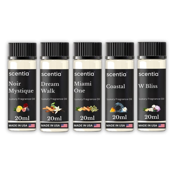 Scentia 5-Star Inspired Fragrance Diffuser Oil Set – Premium Aromatherapy Oils (Miami One, W Bliss, Coastal, Dream Walk & Noir Mystique), 20 ml Each, 5-Pack – Inspired by Luxury Resort Stays