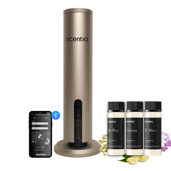 Scentia Max Scent Diffuser Machine | Waterless Cold-Air Diffusion | Stylish Design | Diffuser for Home, Office, Yoga Room I Fragrance Oil Diffuser – Gold + Pack of 3 Oil Hotel Set 1 Included