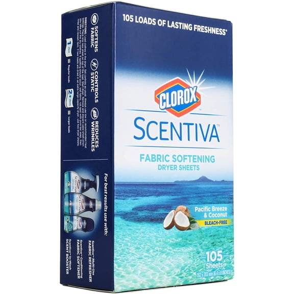 Scentiva Fabric Softener Dryer Sheets, Pacific Breeze & Coconut Scent - Wrinkle Reducing Scented Softening Laundry Dryer Sheets for Great Smelling Clothes, 105 Count