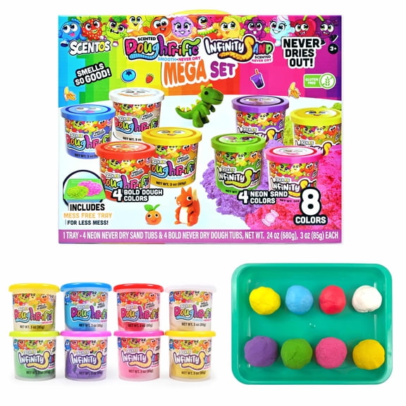 Scentos 8 Tubs Scented Modeling Dough & Play Sand Sensory Kit with Mess-Free Tray, Never Dries Out, 24 oz Total