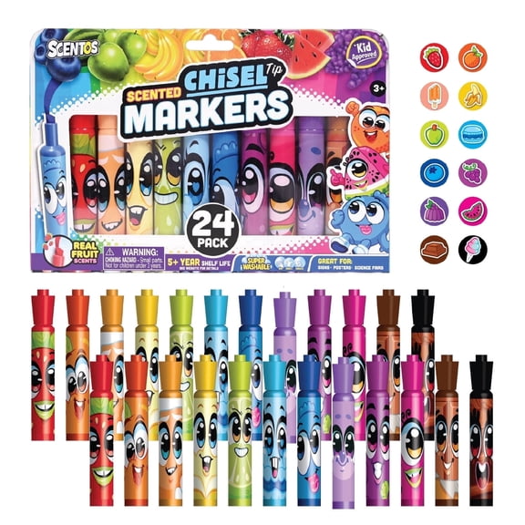 Scentos Fruit Scented Chisel Tip Markers, 24 Pack, Kid Approved, Super Washable, for Posters and Science Fairs, Assorted Colors, Party Favors, School Supplies Gifts for Child