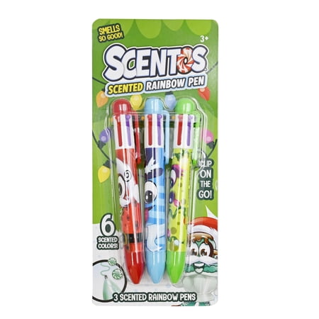 Scentos Fruity Scented 3 Count Assorted Christmas 6 Color Pens, Great Stocking Stuffer, 3+