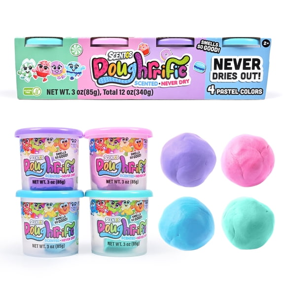 Scentos Scented Doughrrific Never Dry Modeling Dough Set, 4 Pastel Colors, 12 oz Total