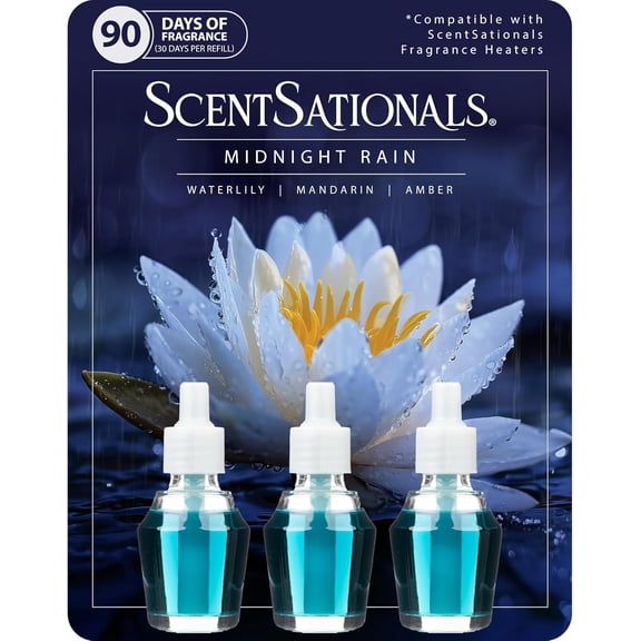 Scentsationals Fragrance Oil Plug In Air Freshener Refills 3-Pack - Midnight Rain - Compatible with ScentSationals & Fusion Diffusers, Long-Lasting Home Fragrance, 0.8ml Each