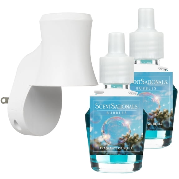 Scentsationals Plug in Air Freshener Starter Set Swivel Plug Fragrance Oil Diffusers & 2 Long Lasting Scent Refills - Bubbles