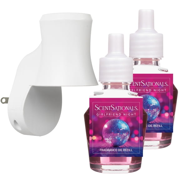 Scentsationals Plug in Air Freshener Starter Set – Swivel Plug Fragrance Oil Diffusers & 2 Long Lasting Scent Refills - Girlfriend Night