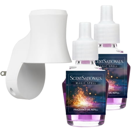 Scentsationals Plug in Air Freshener Starter Set – Swivel Plug Fragrance Oil Diffusers & 2 Long Lasting Scent Refills - Magic Spell