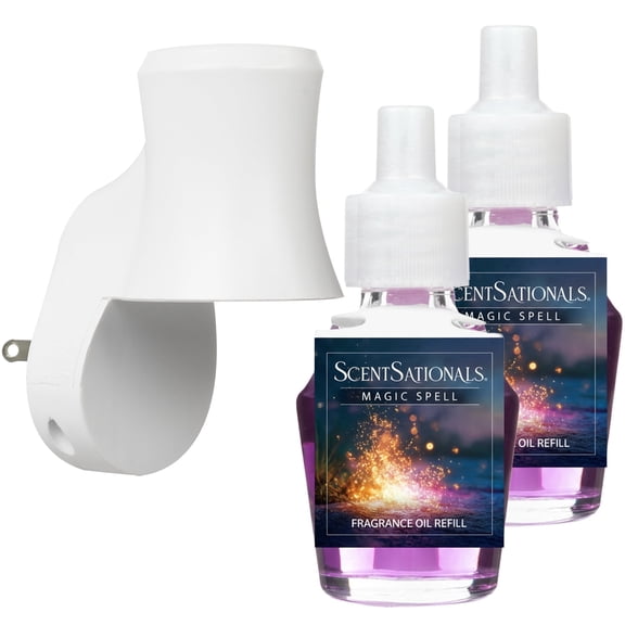 Scentsationals Plug in Air Freshener Starter Set Swivel Plug Fragrance Oil Diffusers & 2 Long Lasting Scent Refills - Magic Spell