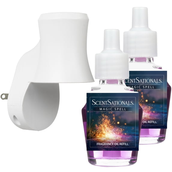 Scentsationals Plug in Air Freshener Starter Set – Swivel Plug Fragrance Oil Diffusers & 2 Long Lasting Scent Refills - Magic Spell