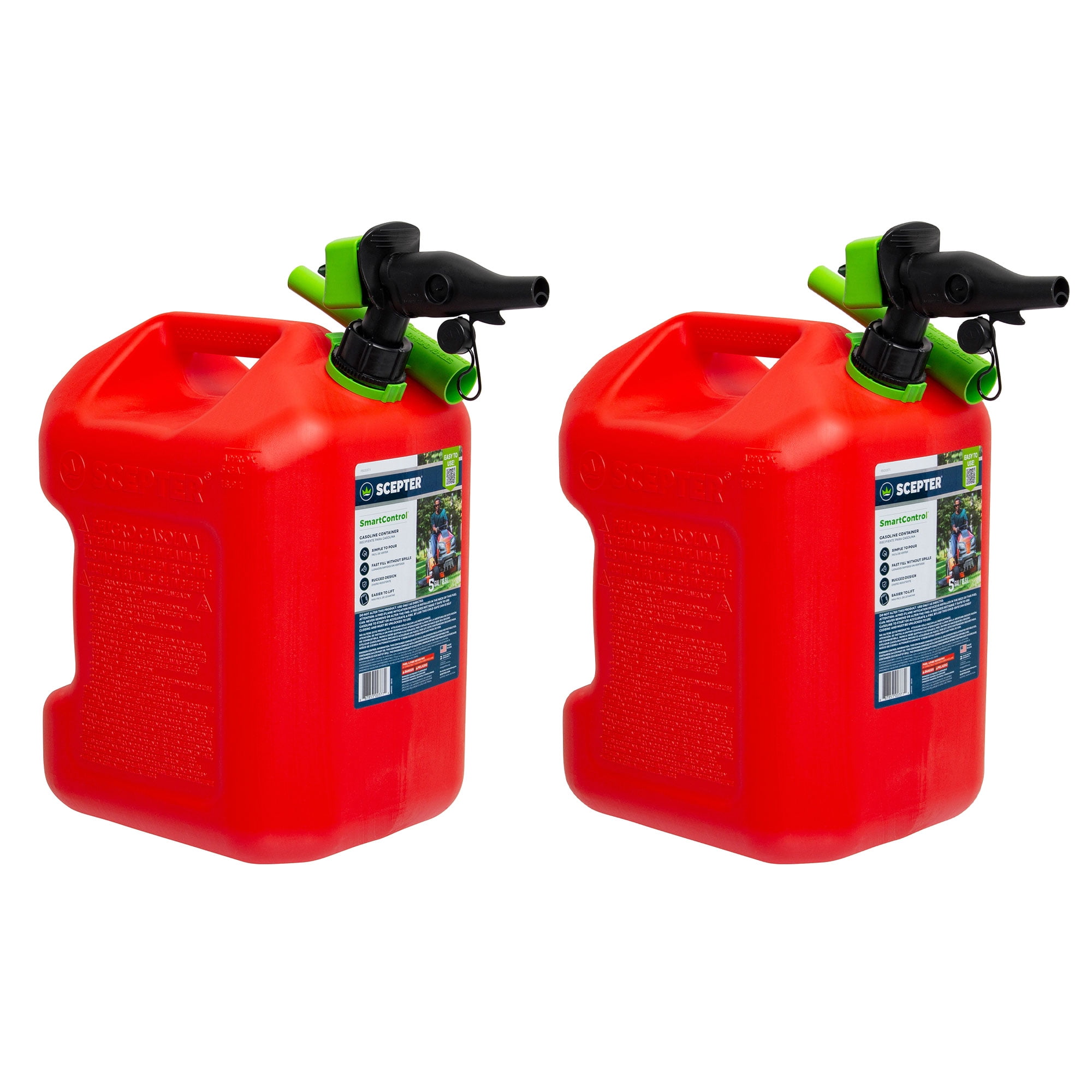 Scepter SmartControl Dual Handle 5 Gal Gasoline Can w/Funnel, 2 Pack, Red