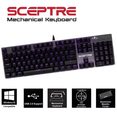 Sceptre SK-604 104 Key USB Wired Illuminated Mechanical Gaming Keyboard - Blue Switch - Purple LED Backlit