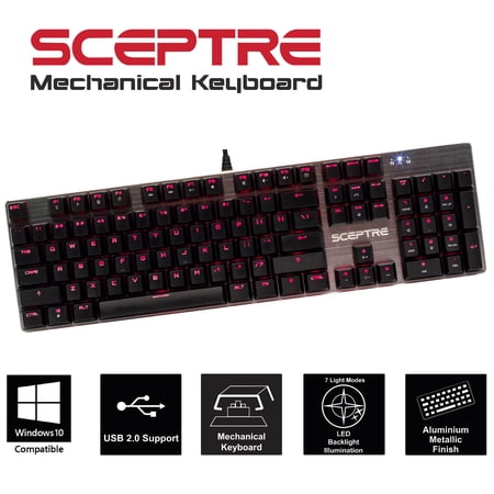 Sceptre SK-604 104 Key USB Wired Illuminated Mechanical Gaming Keyboard - Blue Switch - Red LED Backlit