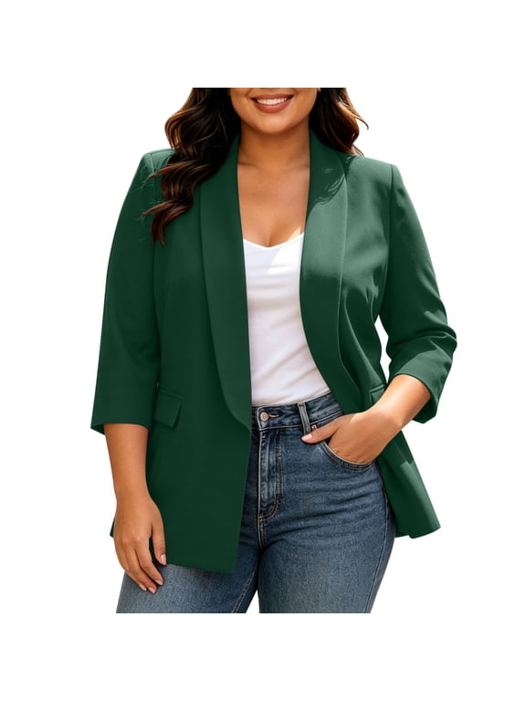 Women's Plus Size Shawl Lapel 3/4 Sleeve Open Front Blazer, Casual Loose Fit Work Office Jacket, Business Fashion Oversized Outerwear
