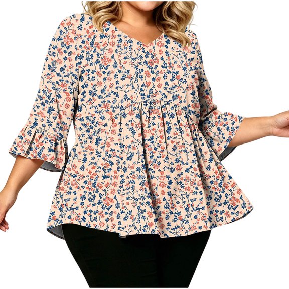Scgaewj Women's Plus Size V Neck Floral Peplum Blouse, Casual Loose Fit Ruffle 3/4 Sleeve Tunic Top, Spring Summer Fashion Oversized Shirt