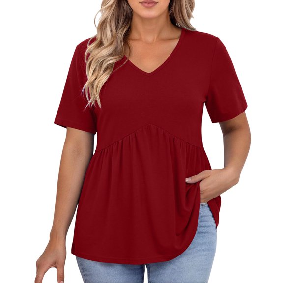 Scgaewj Women's Plus Size V Neck Short Sleeve Tunic Top, Casual Loose Fit Empire Waist Peplum Blouse, Summer Fashion Oversized Shirt