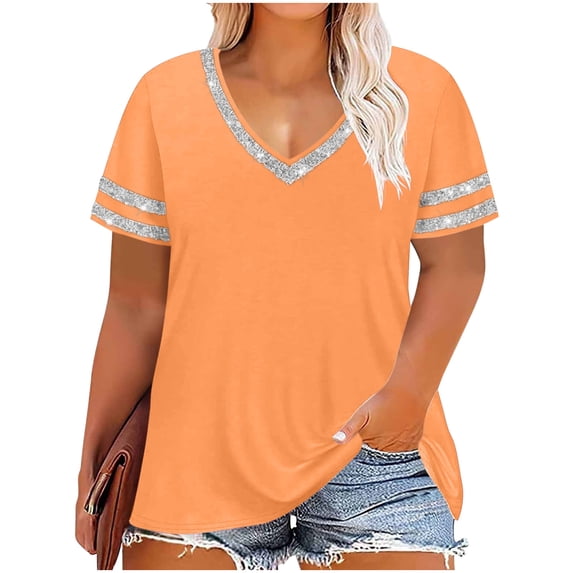 Scgaewj Women's Plus Size V Neck Short Sleeve Tunic Top, Casual Loose Fit Striped Cuff T Shirt, Summer Fashion Oversized Blouse