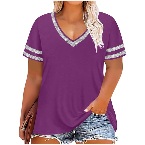 Scgaewj Women's Plus Size V Neck Short Sleeve Tunic Top, Casual Loose Fit Striped Cuff T Shirt, Summer Fashion Oversized Blouse