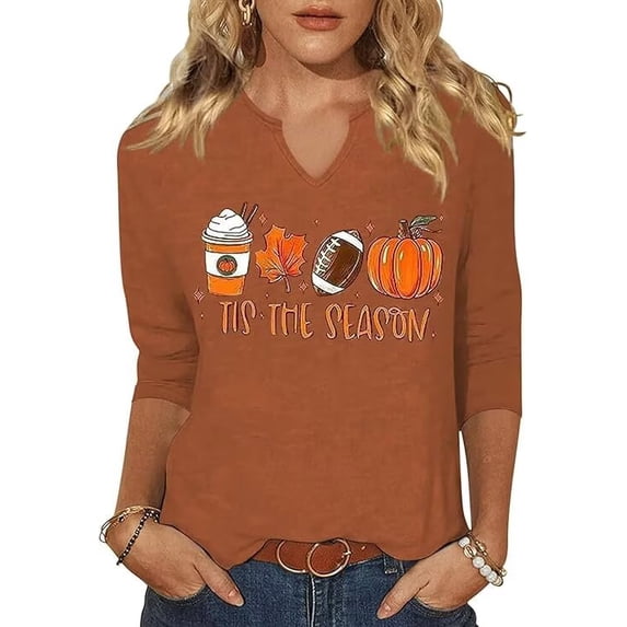 Scgirl Womens 3/4 Sleeve V Neck T Shirts Halloween Thanksgiving Fall Graphic Tee Tops