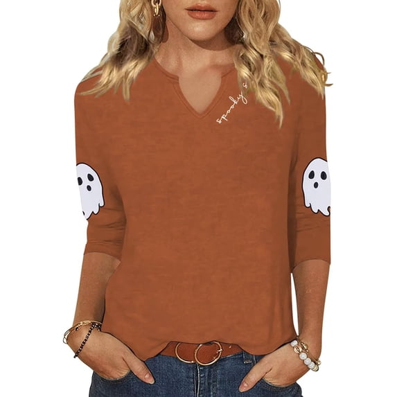 Scgirl Womens 3/4 Sleeve V Neck T Shirts Halloween Thanksgiving Fall Graphic Tee Tops