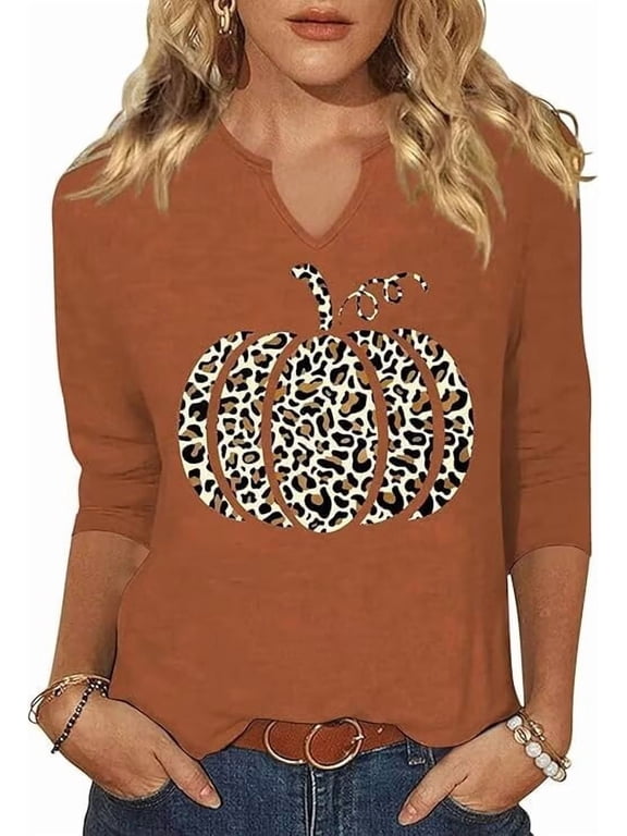 Womens 3/4 Sleeve V Neck T Shirts Halloween Thanksgiving Fall Graphic Tee Tops
