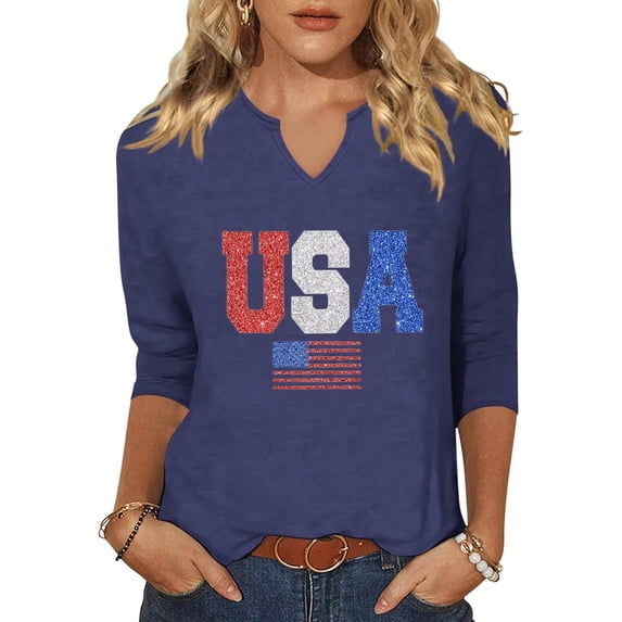 Scgirl Womens 3/4 Sleeve V Neck T Shirts USA American Flag Graphic Tee Tops