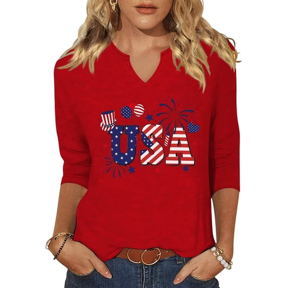 Scgirl Womens 3/4 Sleeve V Neck T Shirts USA American Flag Graphic Tee Tops