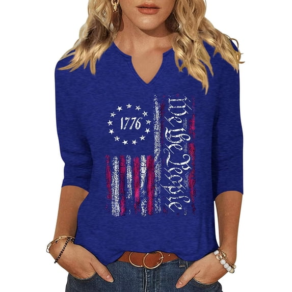 Scgirl Womens 3/4 Sleeve V Neck T Shirts USA American Flag Graphic Tee Tops