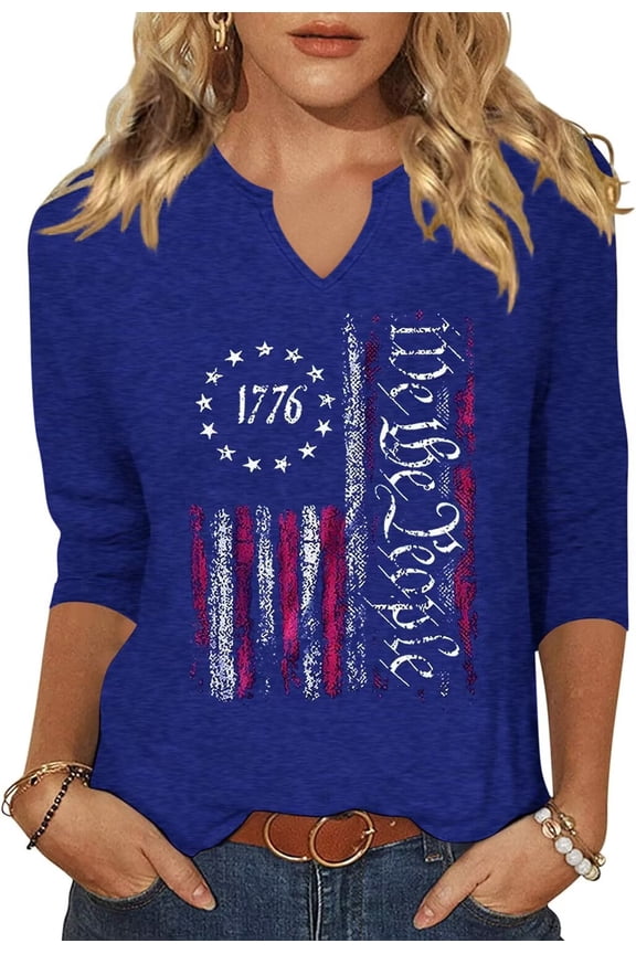 Womens 3/4 Sleeve V Neck T Shirts USA American Flag Graphic Tee Tops