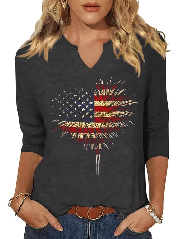 Womens 3/4 Sleeve V Neck T Shirts USA American Flag Graphic Tee Tops