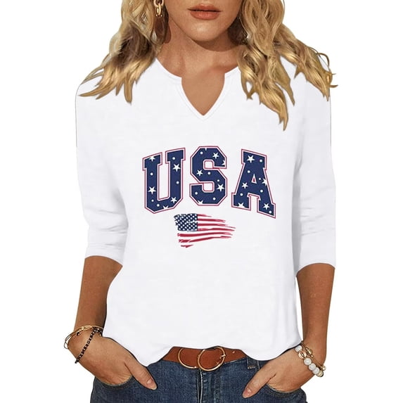 Scgirl Womens 3/4 Sleeve V Neck T Shirts USA American Flag Graphic Tee Tops