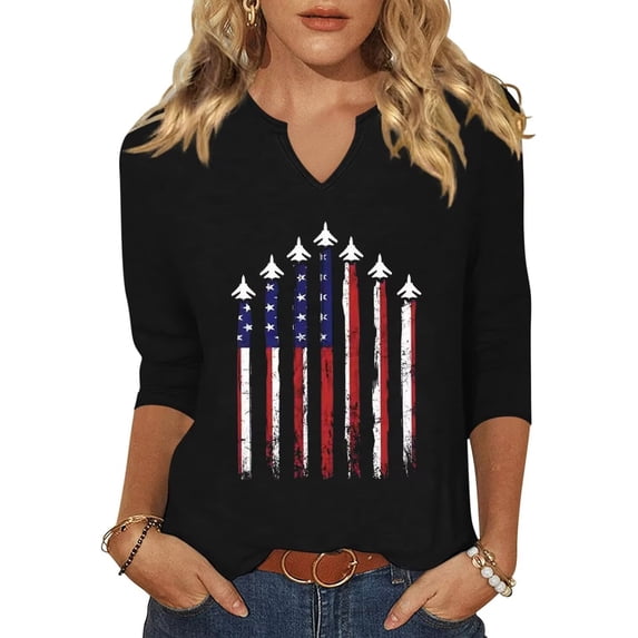 Scgirl Womens 3/4 Sleeve V Neck T Shirts USA American Flag Graphic Tee Tops