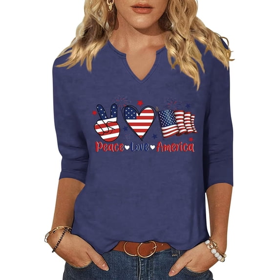 Scgirl Womens 3/4 Sleeve V Neck T Shirts USA American Flag Graphic Tee Tops