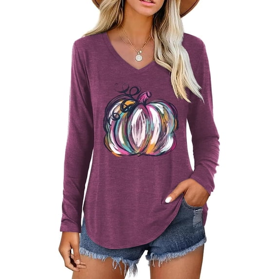 Scgirl Womens Long Sleeve V Neck T Shirts Halloween Thanksgiving Fall Graphic Tee Tops