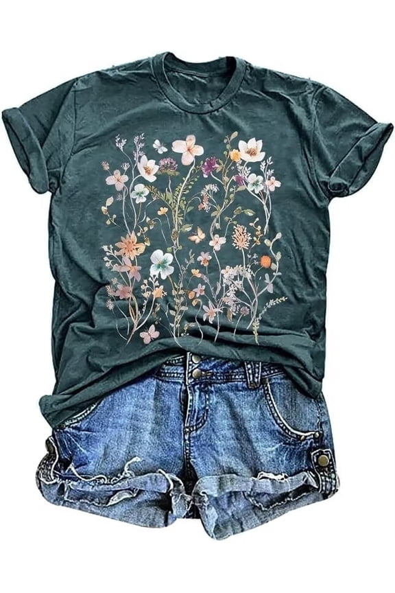 Womens Short Sleeve Crew Neck T Shirts Wildflower Summer Graphic Tee Tops