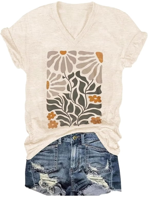 Womens Short Sleeve V Neck T Shirts Wildflower Shirts Summer Graphic Tee Tops