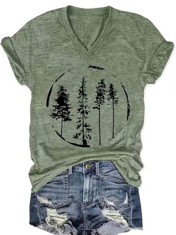 Womens Short Sleeve V Neck T Shirts Wildflower Summer Graphic Tee Tops