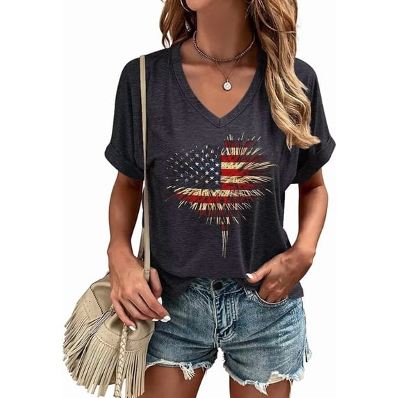Scgirl Womens Short Sleeve V Neck Wildflower T Shirts USA American Flag Graphic Tee Tops