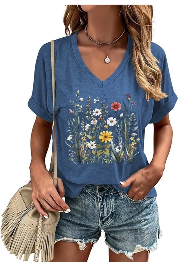 Womens Short Sleeve V Neck Wildflower T Shirts USA American Flag Graphic Tee Tops