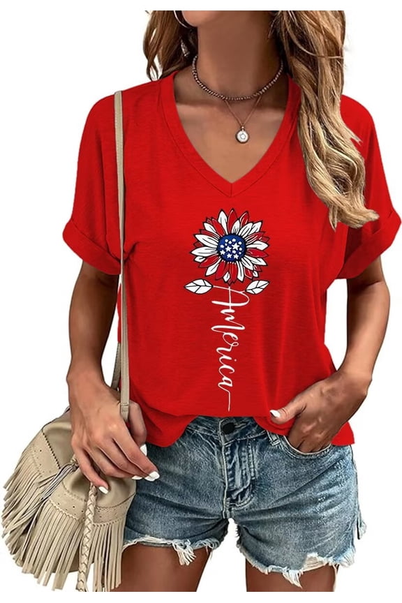 Womens Short Sleeve V Neck Wildflower T Shirts USA American Flag Graphic Tee Tops