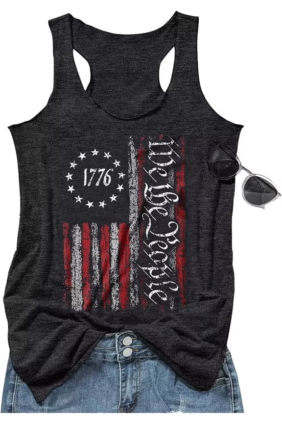 Womens Sleeveless Crew Neck Tank Tops American Flag Shirts Summer Graphic Tee Tops