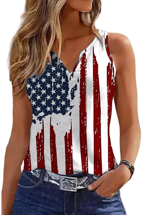 Womens Sleeveless V Neck Tank Tops American Flag Shirts Summer Graphic Tee Tops