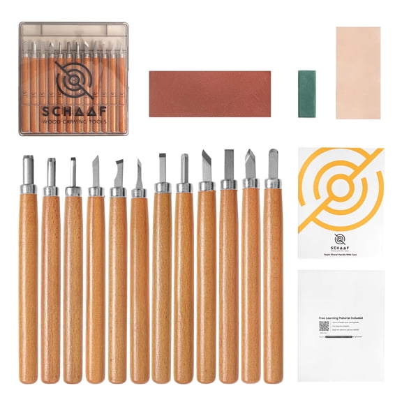 Schaaf Tools 15-Piece Wood Carving Kit with Sharp Knives & Mini Chisels for DIY Woodworking, Wood Sculpting, and Craft Projects (Large)