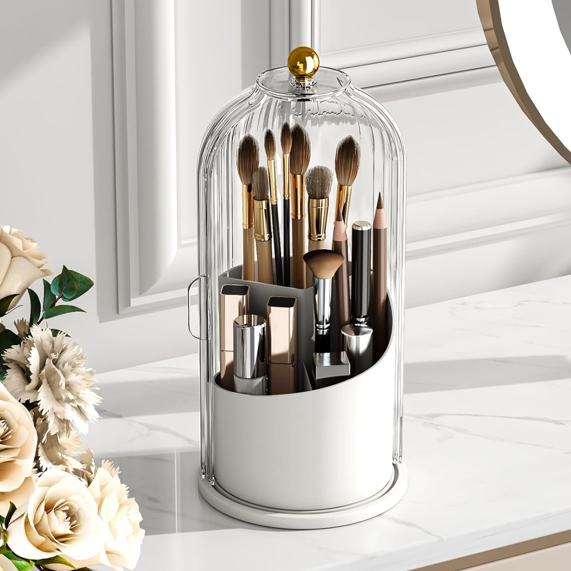 Concealed Toothbrush & Makeup Brush Holder With Sliding Lid - 360° Rotating, Dustproof, White