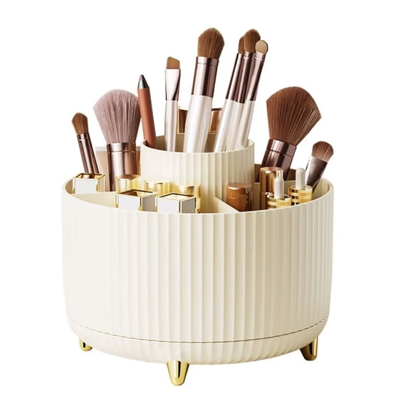 Schanno Makeup Organizer, 360° Rotating Makeup Brush Holder for Vanity Decor, Bathroom Countertops, Desk Storage Container, Cosmetic Display Case, Beige