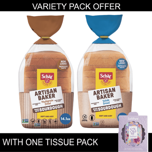 Schar Artisan Baker Multigrain & White Bread Gluten Free, 14.1 oz, Variety Pack with Tissue Pack