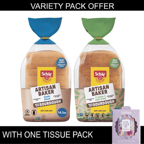 Schar Artisan Baker White & 10 Grains & Seeds Gluten Free Bread Variety Pack, 14.1 oz With Tissue Pack