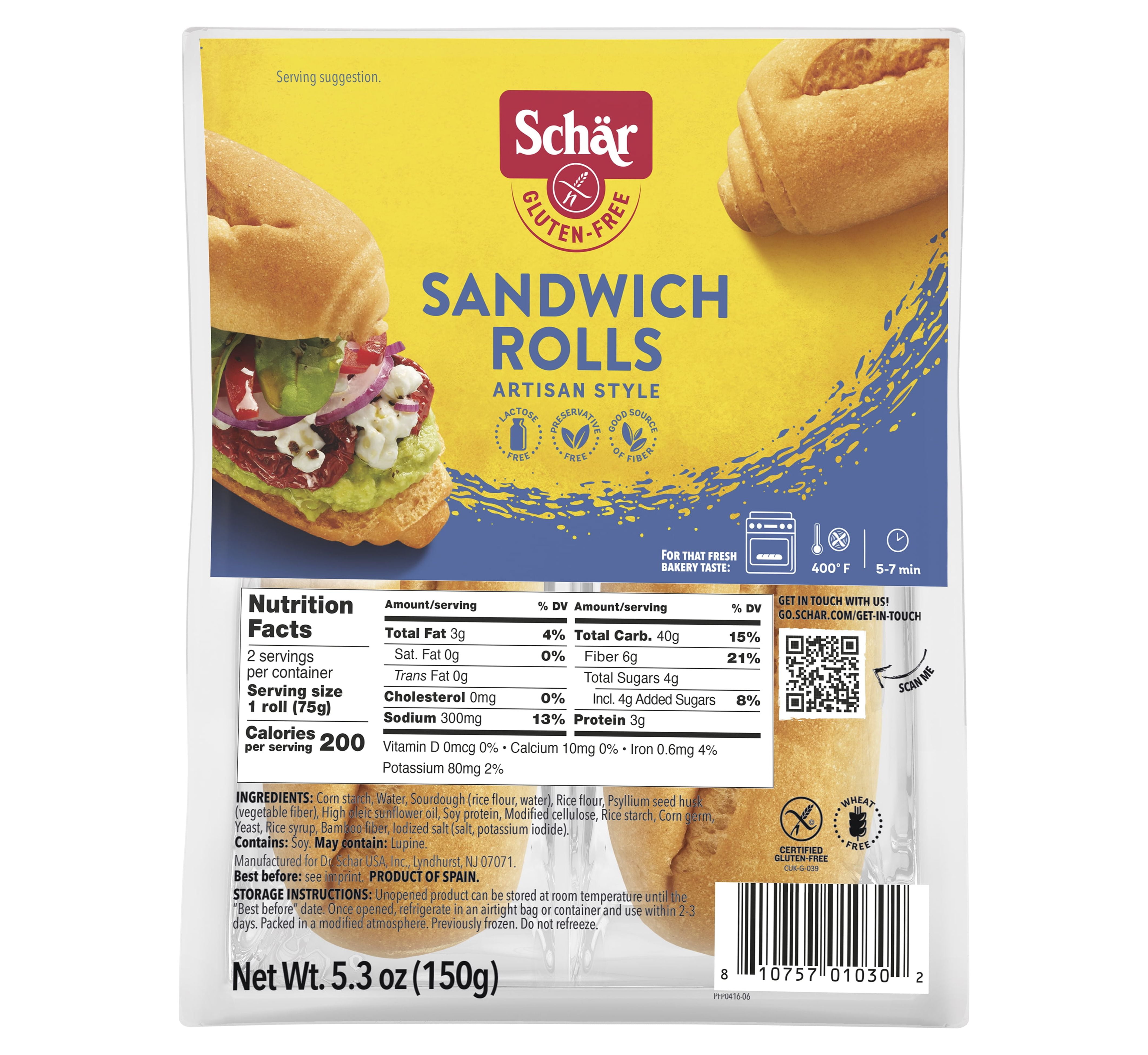 Schar Gluten Free Sandwich Rolls, Artisan Sourdough Bread Rolls, 5.3 oz