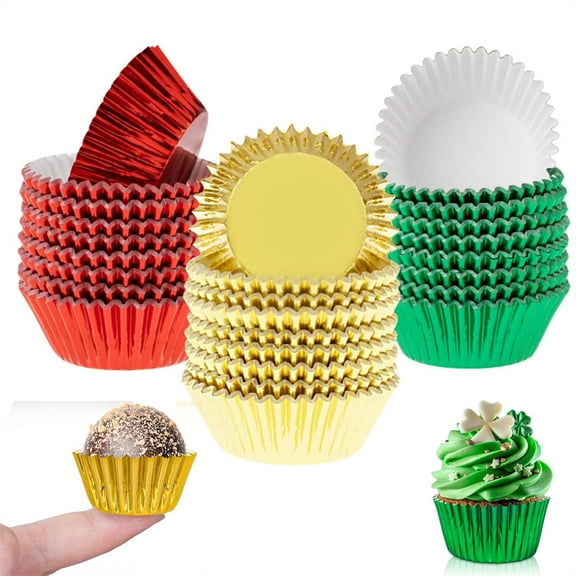 Scheam 1.3inch Mini Foil Cupcake Liners Christmas Cupcake Wrappers Red Green Gold Metallic Muffin Liners Kitchen Baking Holders for Party Cake Candy Chocolate Decorations 300 Pcs